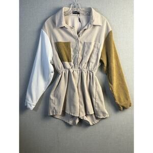 NWOT Pretty Little Thing Tan Gold Cream Corduroy Color Block Romper size 2